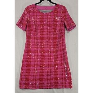 Anthropologie Maeve Womens Sequin Mini Dress Plaid Pink Red Party Preppy Small